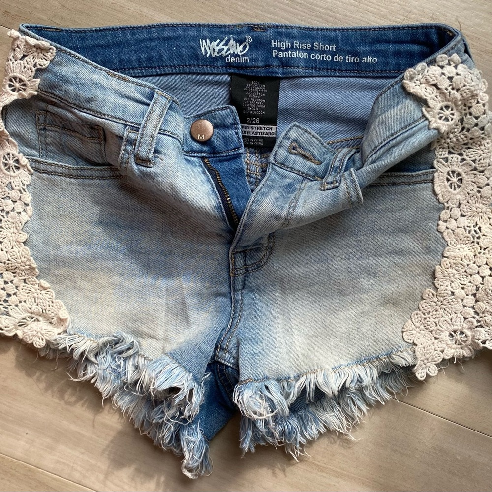 Washed Denim High Rise Shorts with Lace Trim